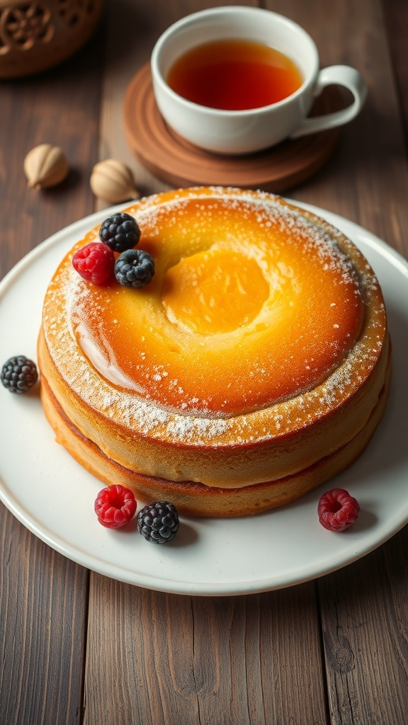 A golden brown butter cake on a white plate, garnished with powdered sugar and berries, on a rustic table.